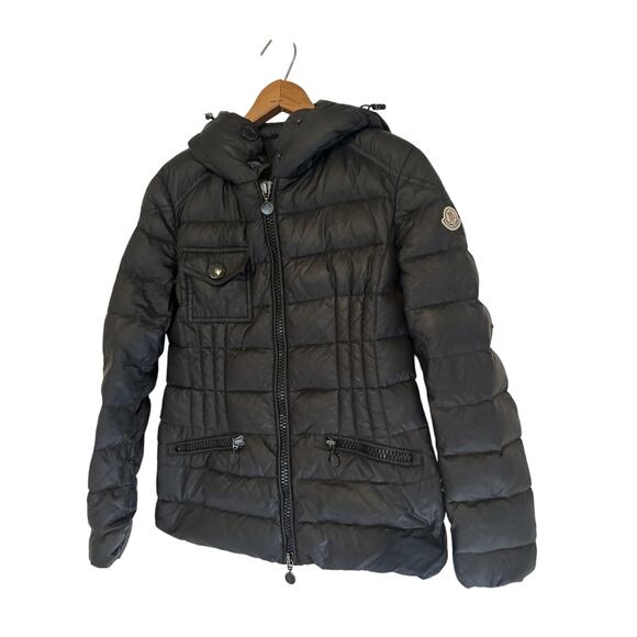 Moncler Down Puffer Jacket Womens XS 0 Black Hooded Zip Pockets Logo Patch - Picture 2 of 13